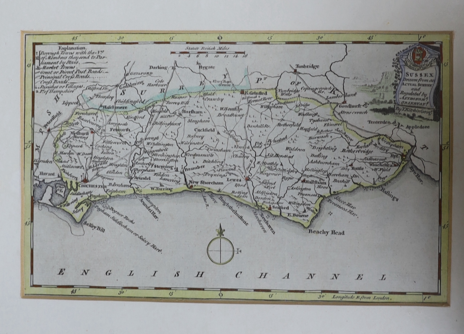 Seven framed Sussex related 18th and 19th century maps, including examples by T. Moule, T. Kitchin, J. Ellis, etc. largest 32 x 22cm